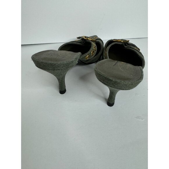 NEW Jeffrey Campbell X Free People Nimes Denim Buckle Heels Mules Green Size 7 - Picture 5 of 6